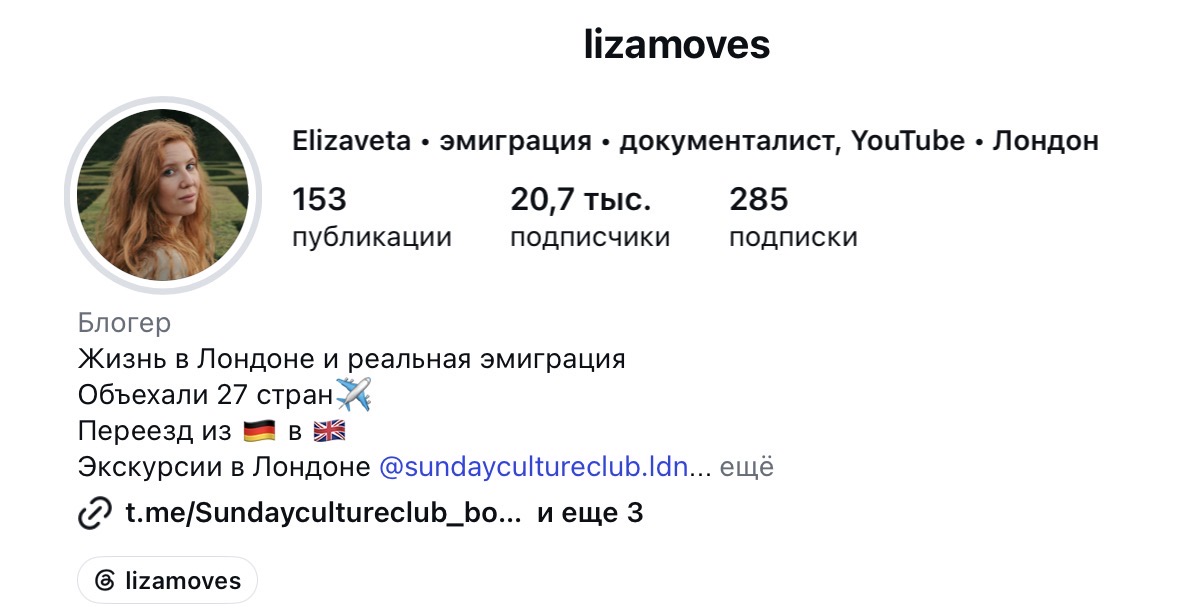 Скриншот Instagram-аккаунта lizamoves: 22,3 тыс. подписчиков
